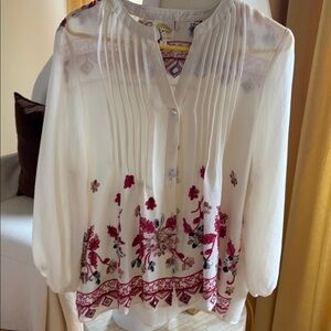 Anthropologie White Blouse with Red Floral Embroidery